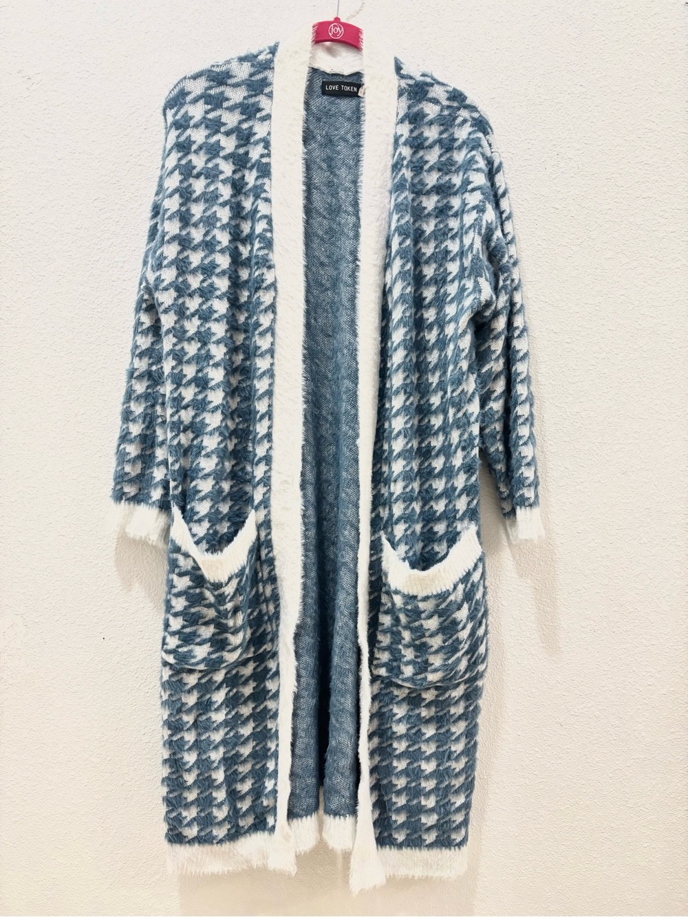 Love Token Blue and White Houndstooth Fuzzy Long Duster Cardigan Large Cozy